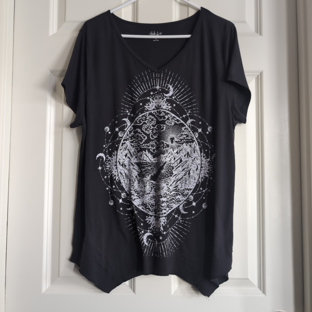 Washed black celestial sun star and moon tee with asymmetrical hem